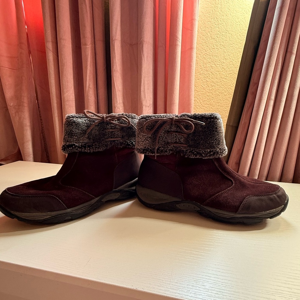 Women's Faux-Fur Cuff Suede Ankle Booties - Plum